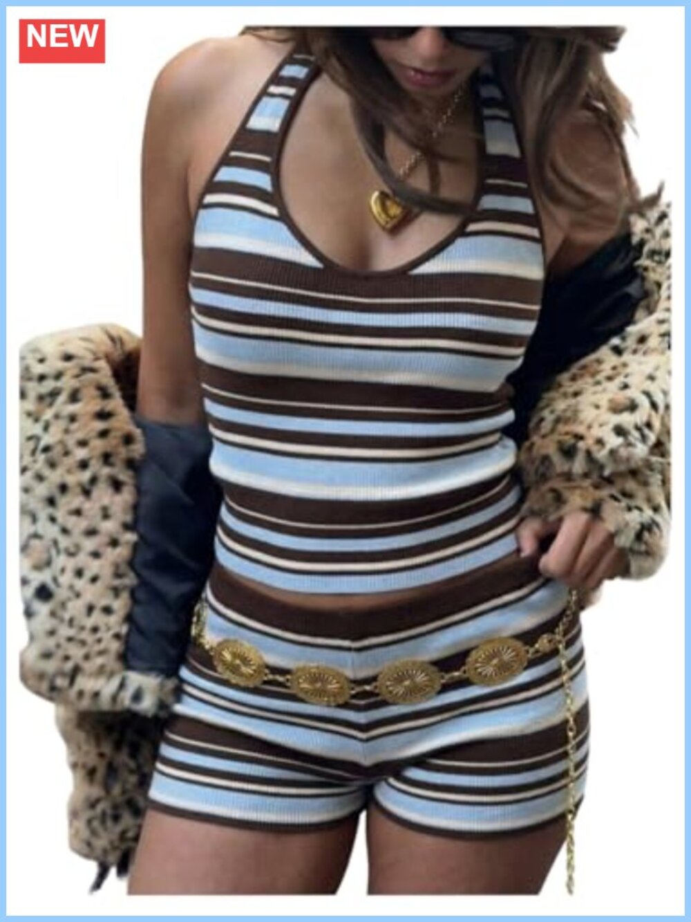Striped Halter Neck Lounge Set 2 Piece Ribbed Knit